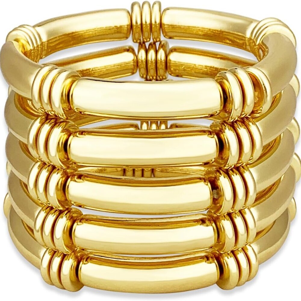 5PCS Gold Chunky Bangles Bracelets for Women Gold Plated Stackable Layered Curve